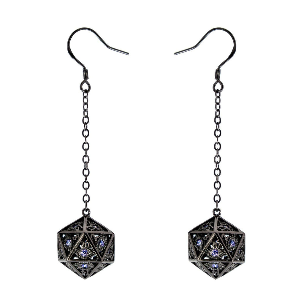 Dragon's Eye D20 Dice Earrings - Gunmetal with Purple Gems