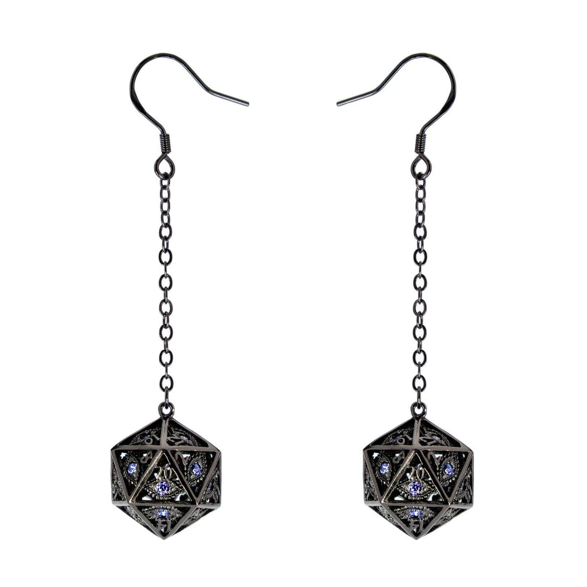 Dragon's Eye D20 Dice Earrings - Gunmetal with Purple Gems