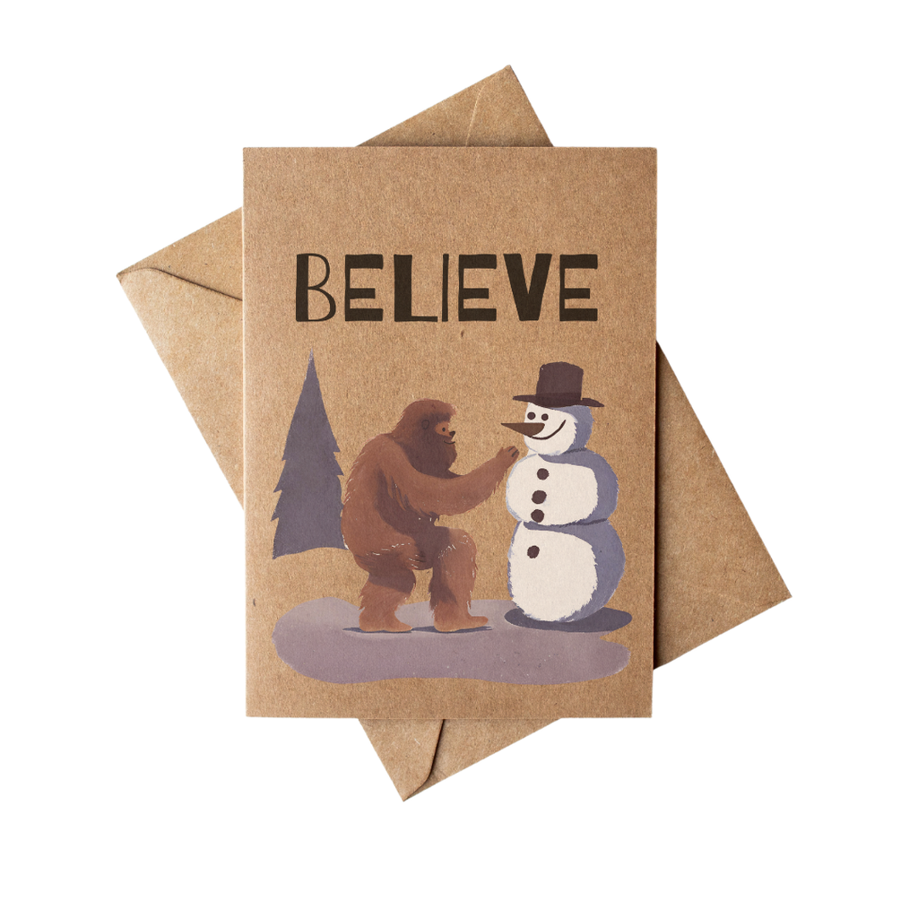 Believe Bigfoot Snowman Brown Kraft Paper Christmas Card
