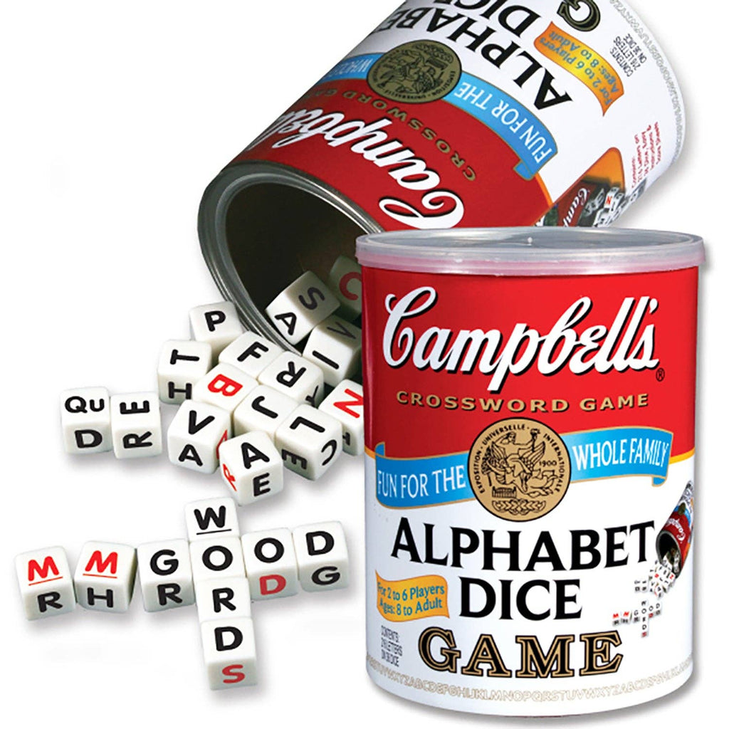 Campbell's Alphabet Dice Word Game with soup can packaging and dice