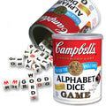 Campbell's Alphabet Dice Word Game with soup can packaging and dice