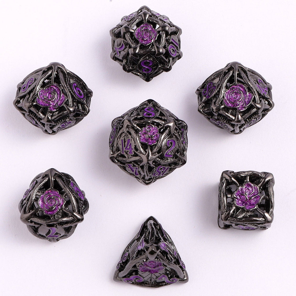 Hollow Metal Rose Dice Set - Gunmetal w/Purple