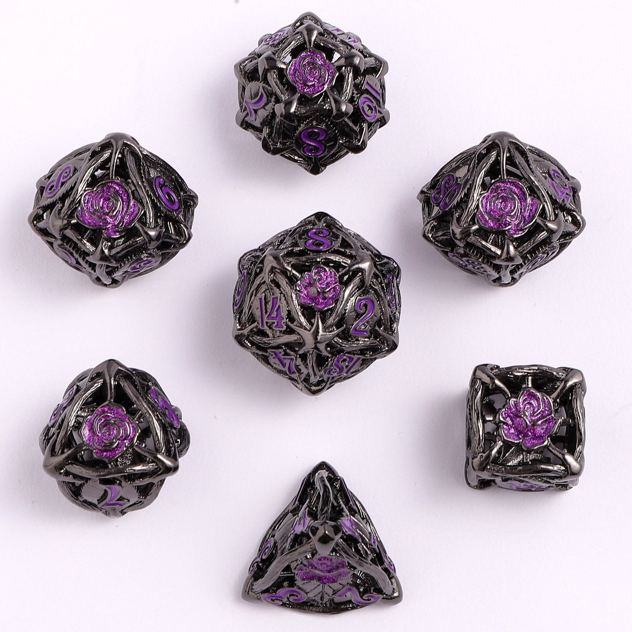 Hollow Metal Rose Dice Set - Gunmetal w/Purple