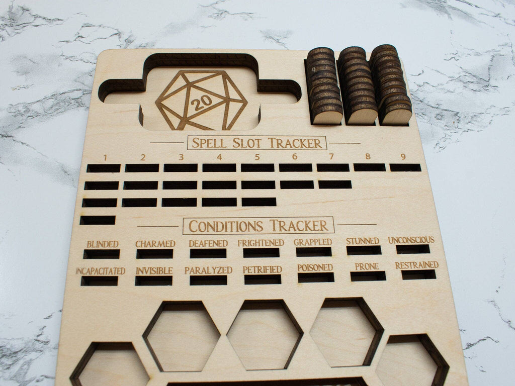 Player's Tray: DnD Dice Tray, Spell Slot Tracker, Conditions Tracker, Phone Holder, and Dice Holder