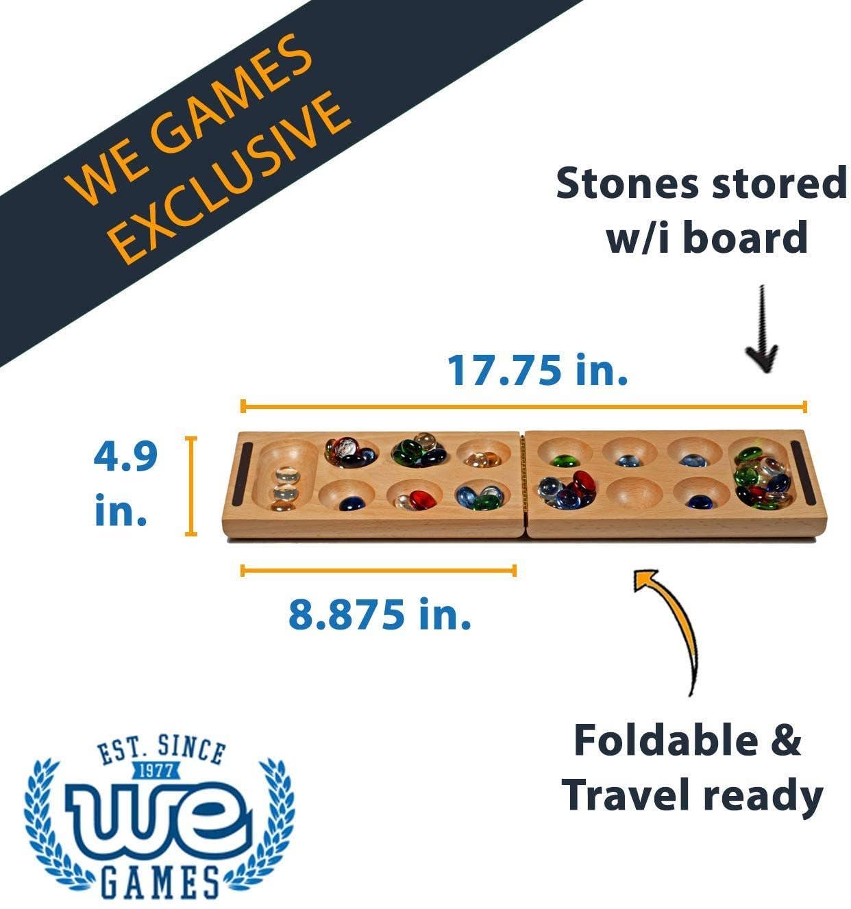 Solid wood folding Mancala board with multi-colored glass stones, 18 inches