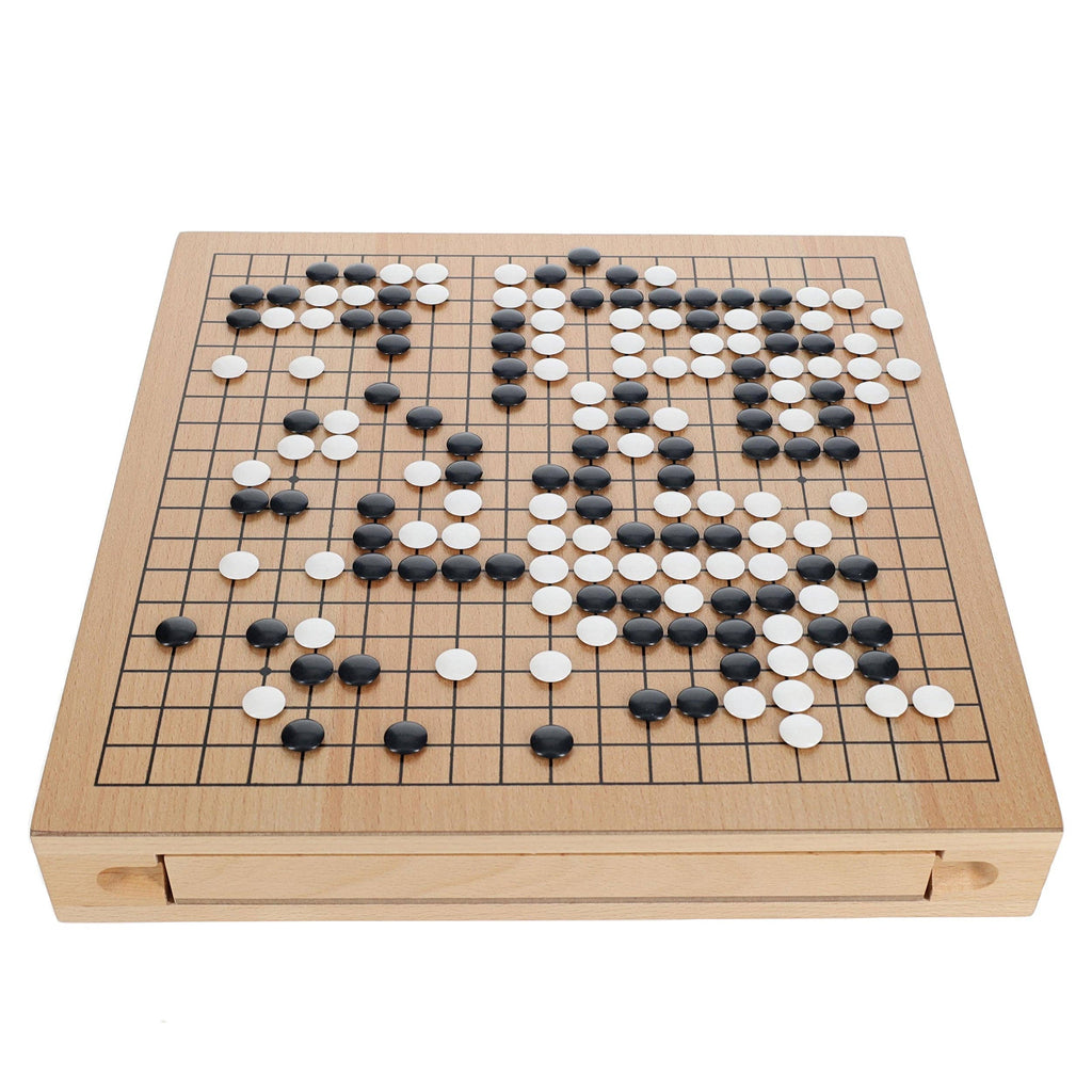Wood Go set with 12 inch board and storage drawers for black and white stones