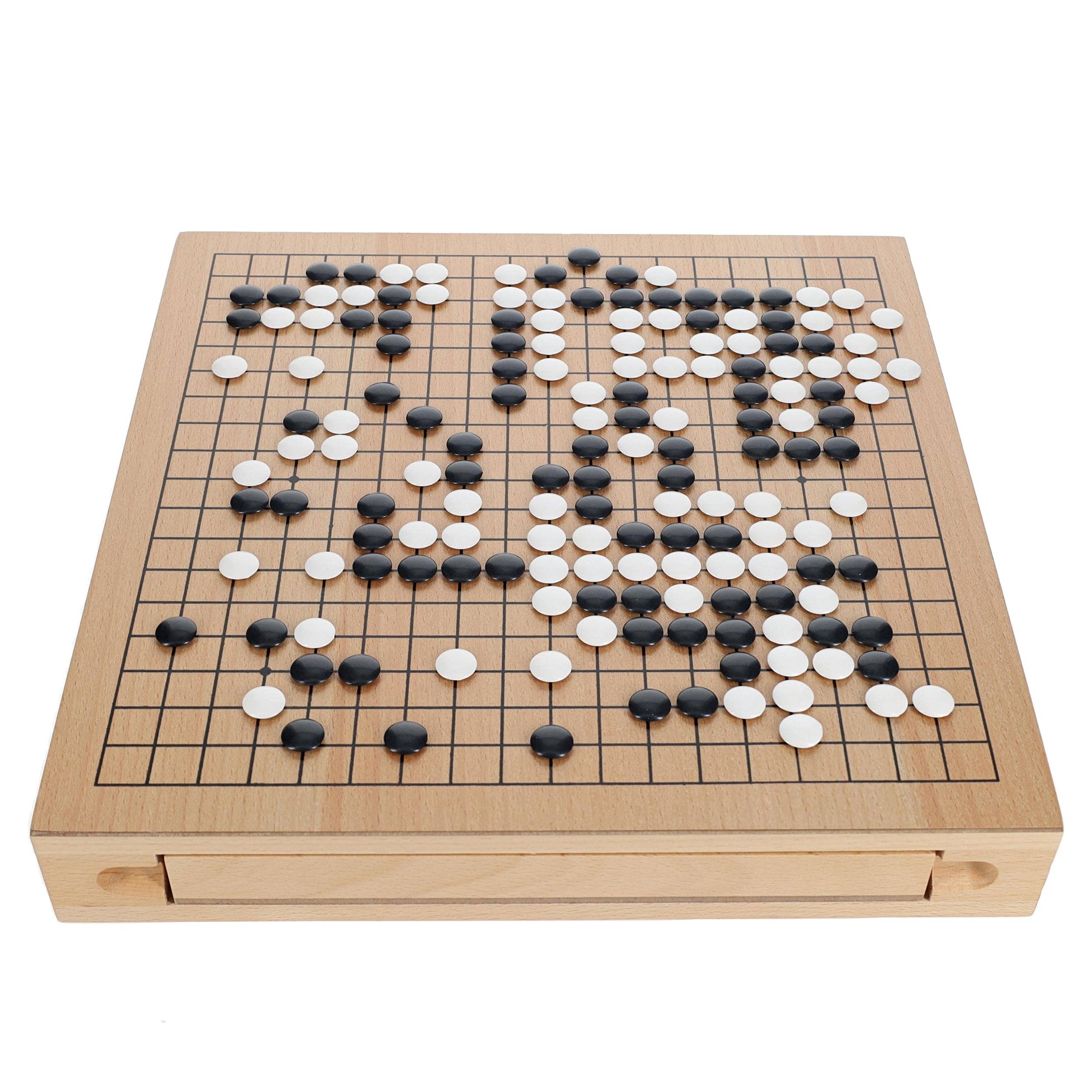 Wood Go set with 12 inch board and storage drawers for black and white stones