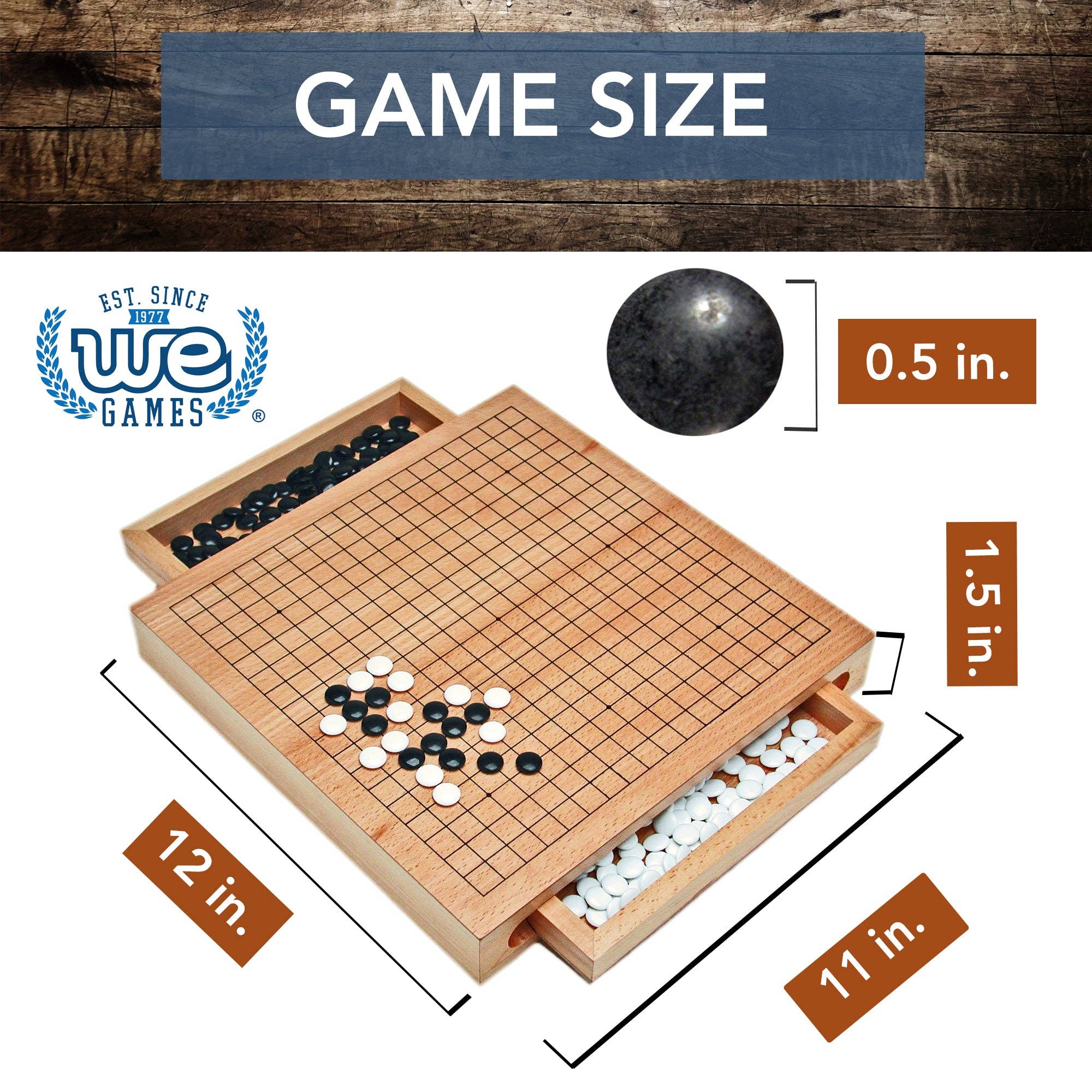 Wood Go set with 12 inch board and storage drawers for black and white stones