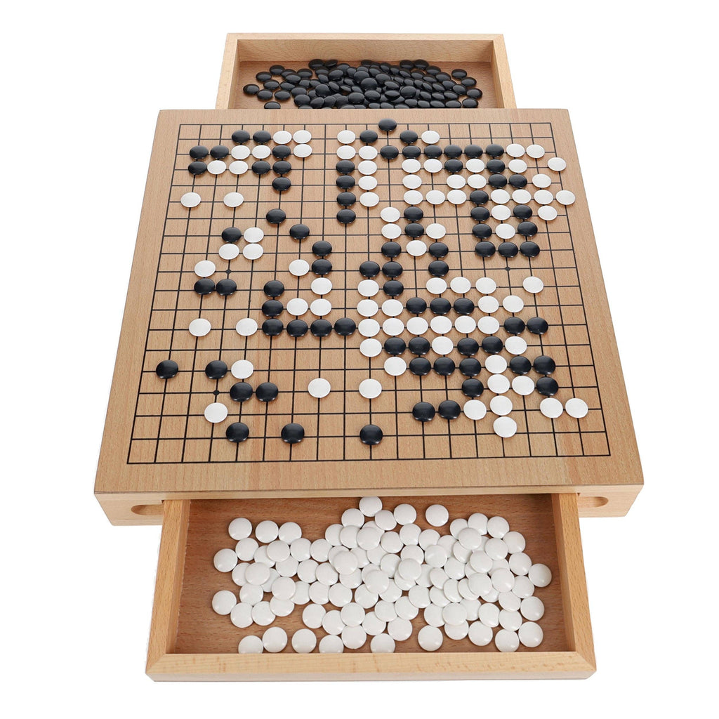 Wood Go set with 12 inch board and storage drawers for black and white stones
