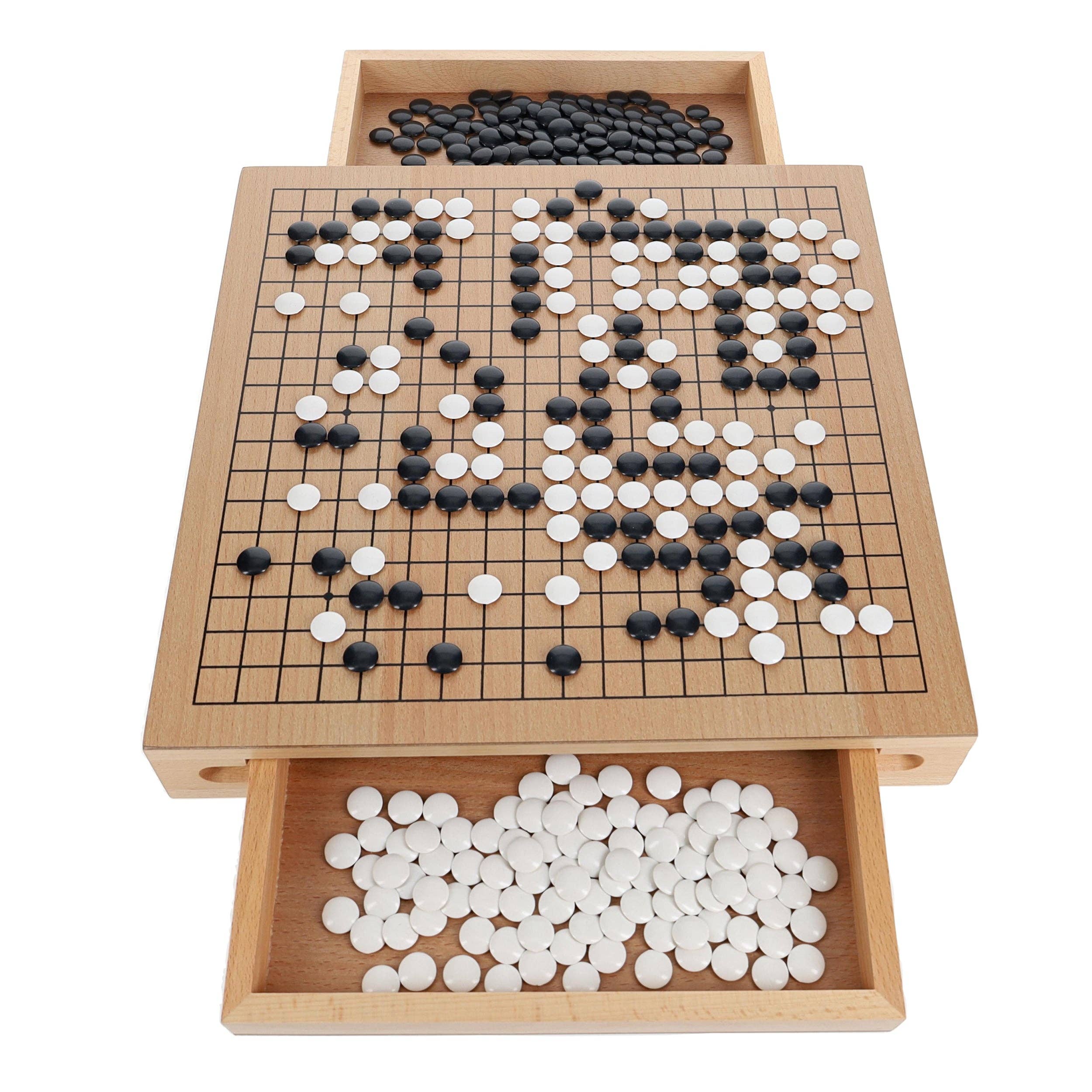 Wood Go set with 12 inch board and storage drawers for black and white stones