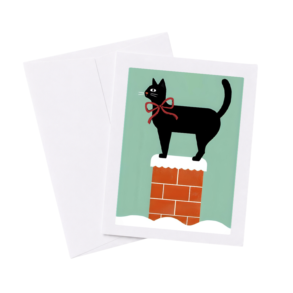 Black Cat Snowy Christmas Chimney Holiday Card