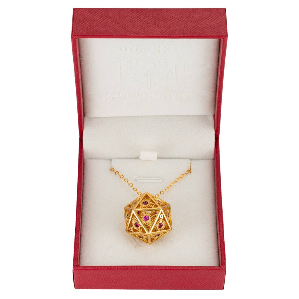 Dragon's Eye D20 Necklace - Gold with Ruby Gems