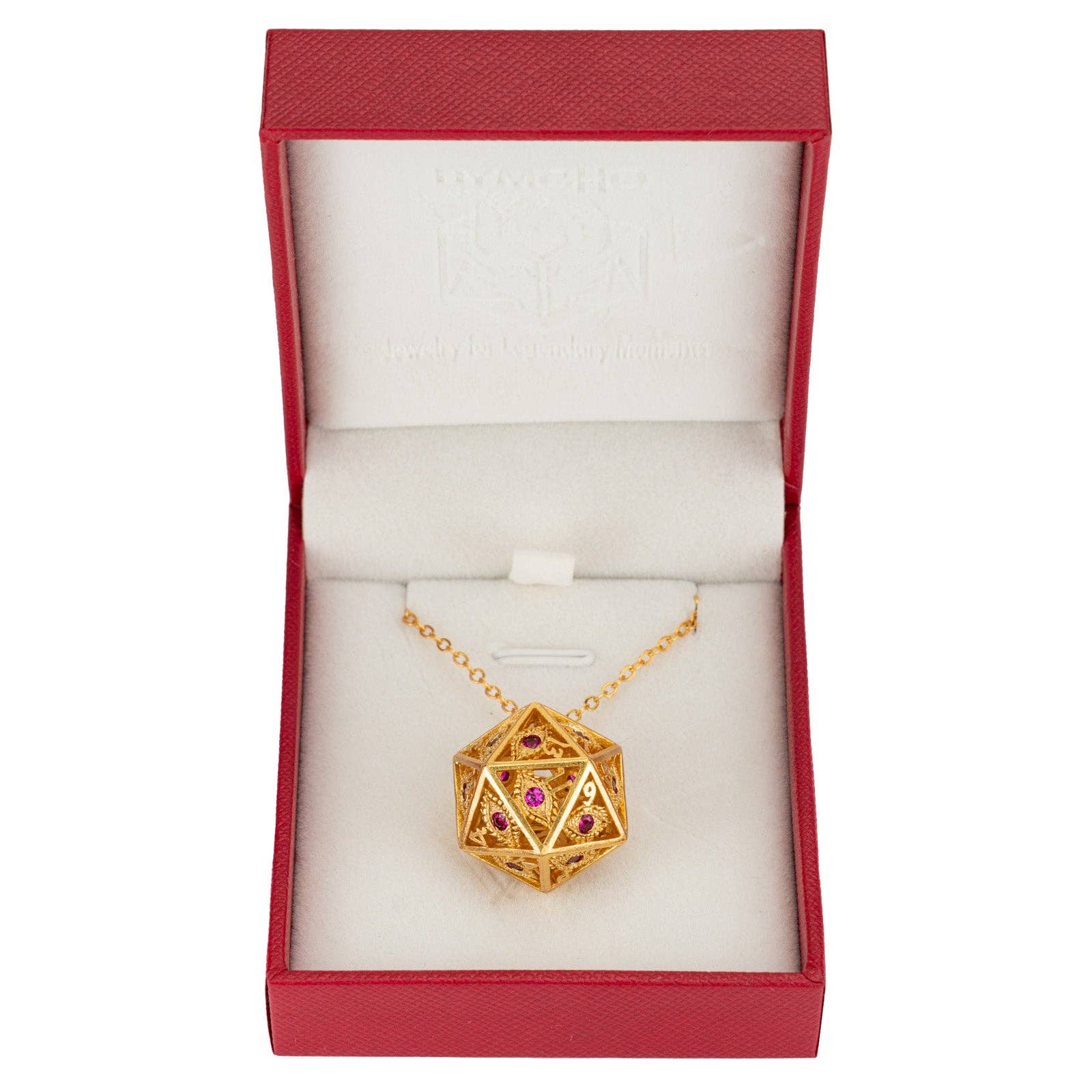 Dragon's Eye D20 Necklace - Gold with Ruby Gems