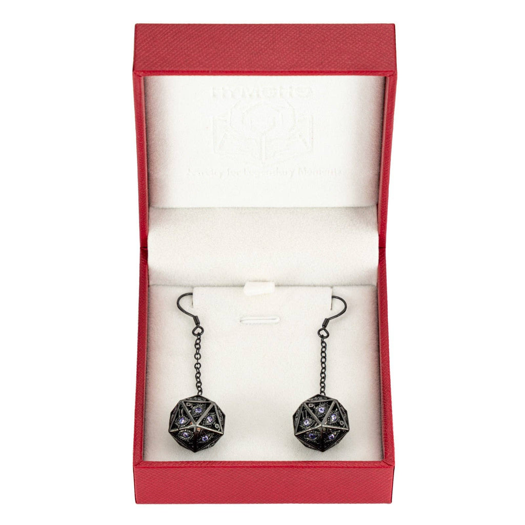 Dragon's Eye D20 Dice Earrings - Gunmetal with Purple Gems