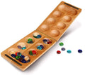 Solid wood folding Mancala board with multi-colored glass stones, 18 inches