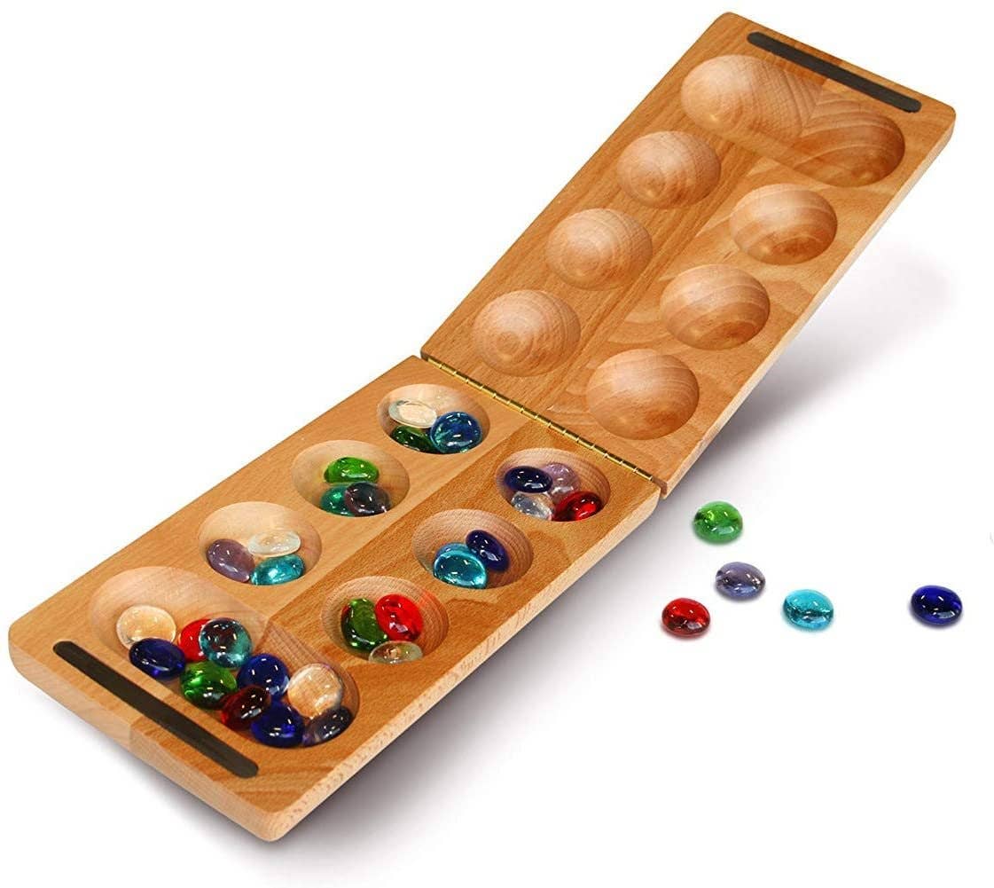 Solid wood folding Mancala board with multi-colored glass stones, 18 inches