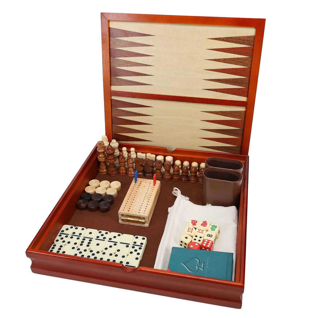 7-in-1 Combination Wood Game Set with walnut board and multiple game pieces