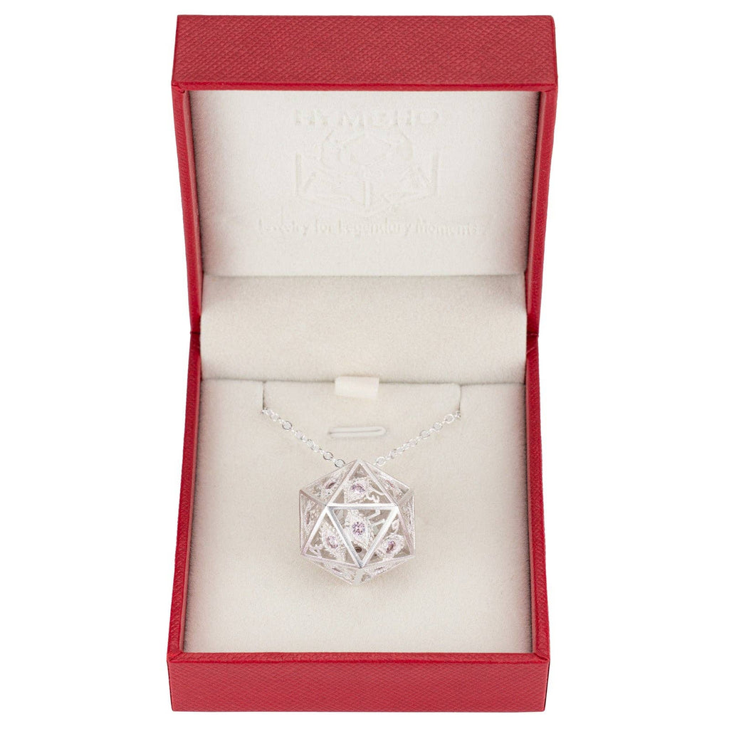 Dragon's Eye D20 Necklace - Silver with Pink Gems