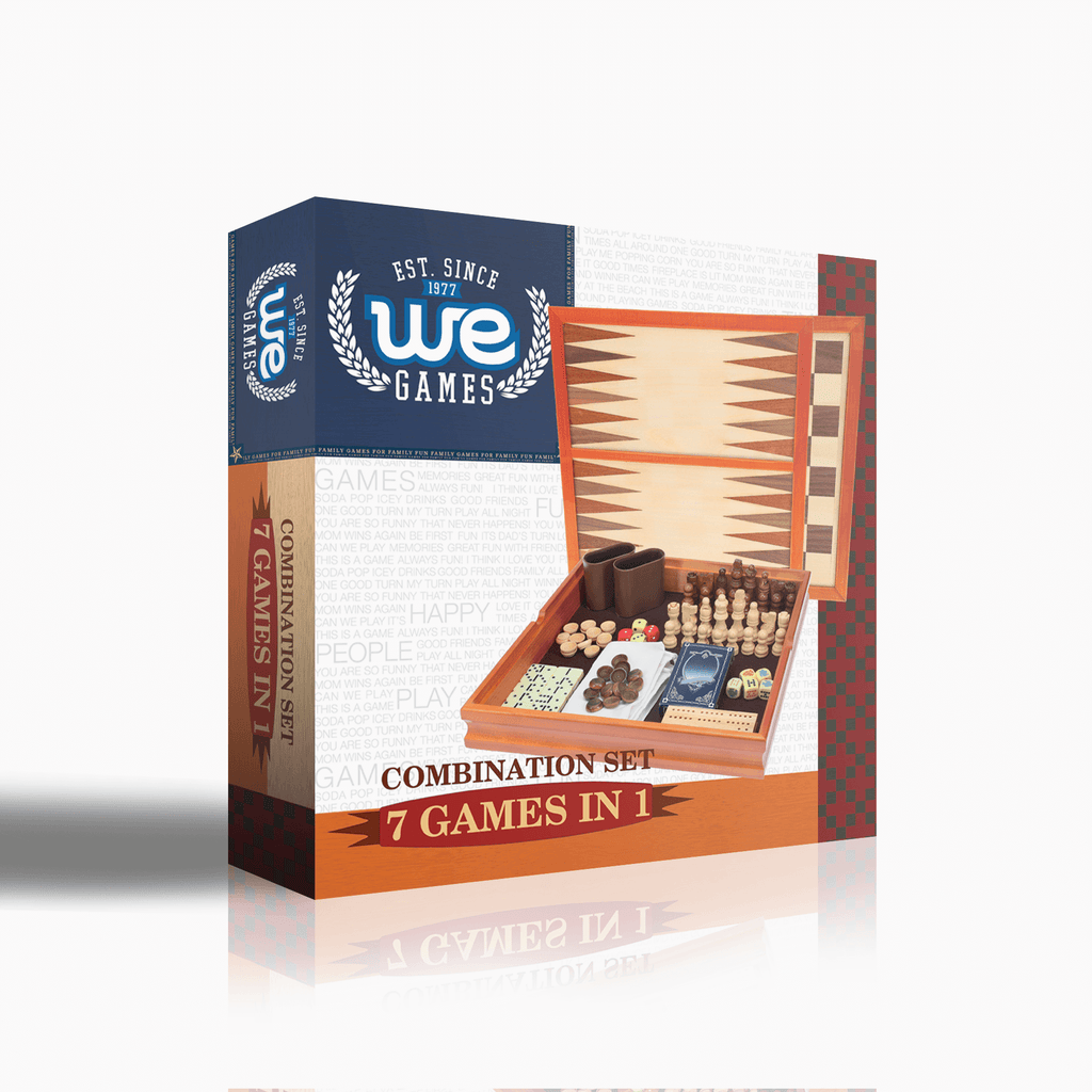 7-in-1 Combination Wood Game Set with walnut board and multiple game pieces