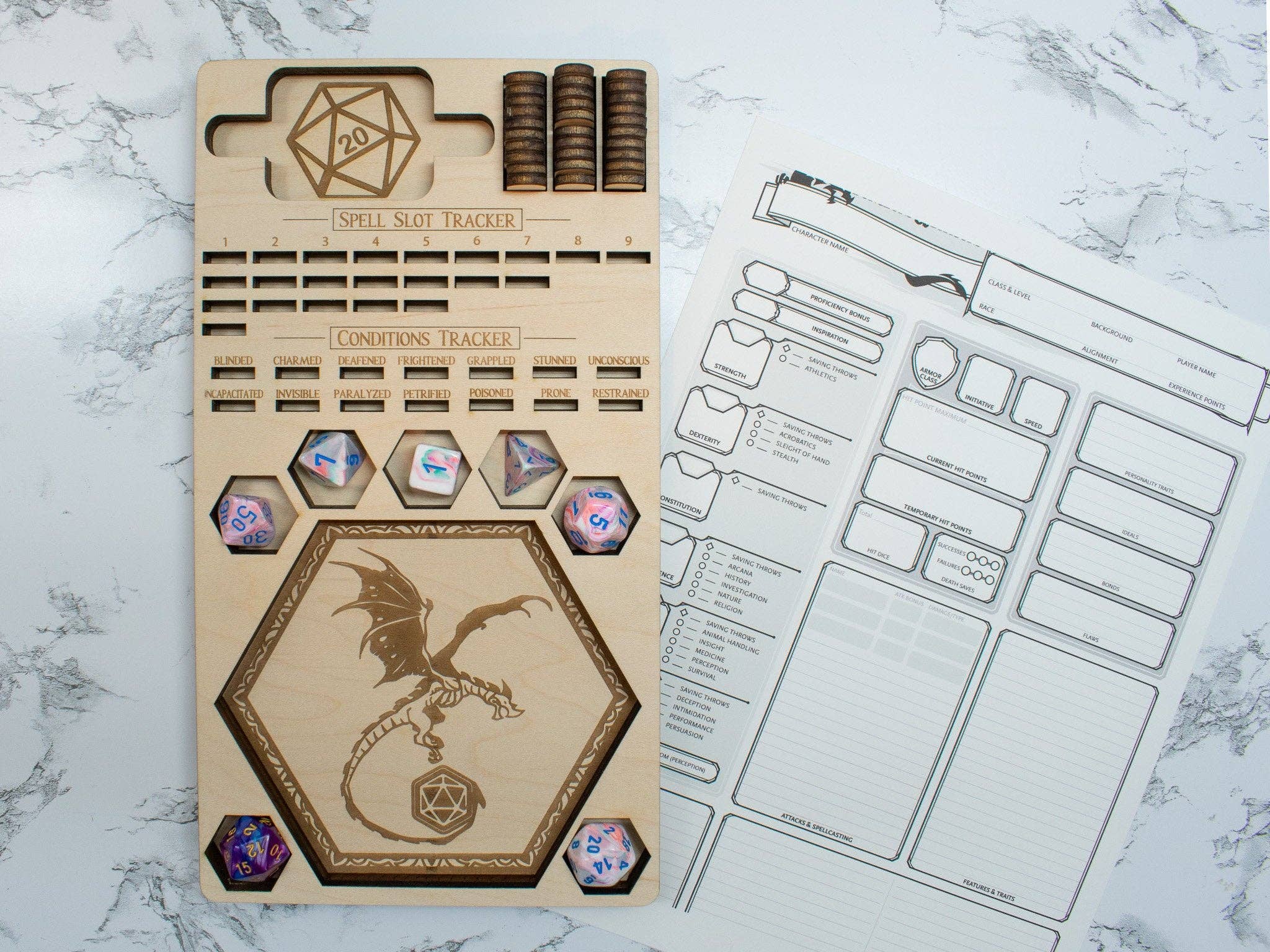 Player's Tray: DnD Dice Tray, Spell Slot Tracker, Conditions Tracker, Phone Holder, and Dice Holder