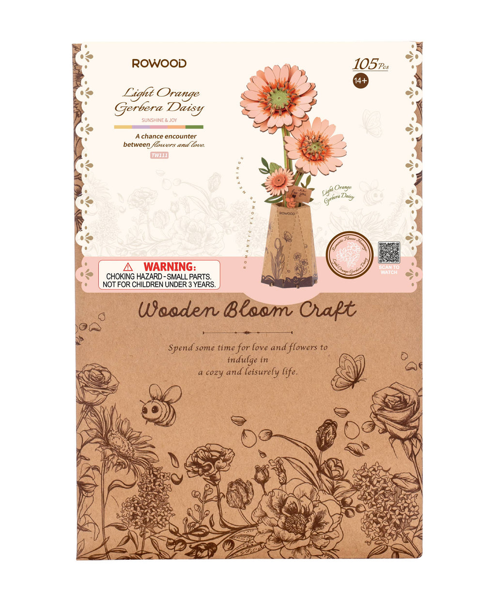 Rowood wooden bloom craft packaging with floral design and product illustration.