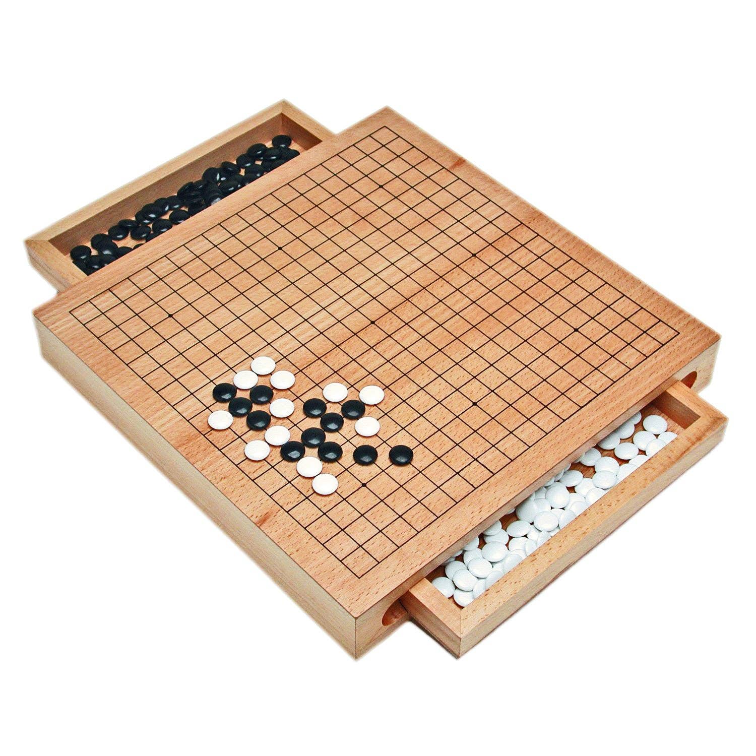 Wood Go set with 12 inch board and storage drawers for black and white stones