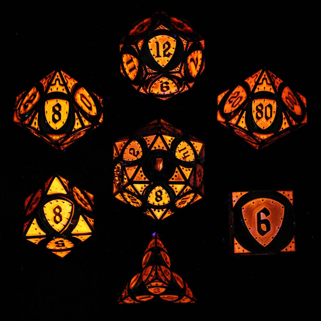 Solid Metal Fighter Class RPG Dice Set - Rainbow w/UV Glow