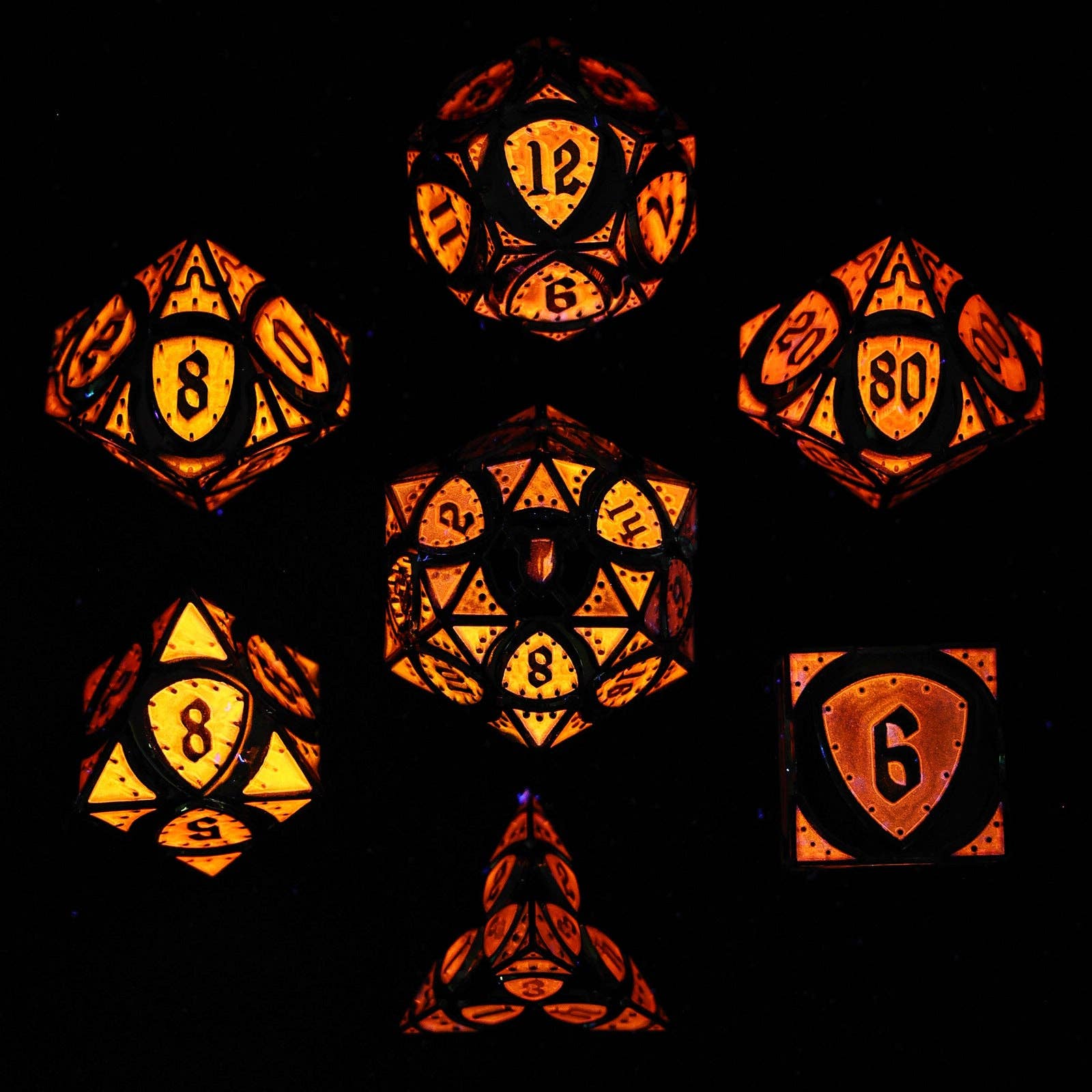 Solid Metal Fighter Class RPG Dice Set - Rainbow w/UV Glow