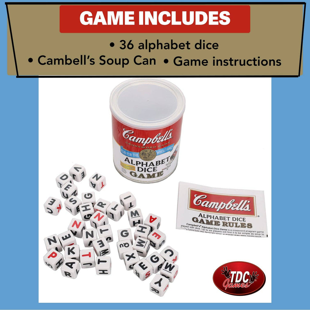 Campbell's Alphabet Dice Word Game with soup can packaging and dice