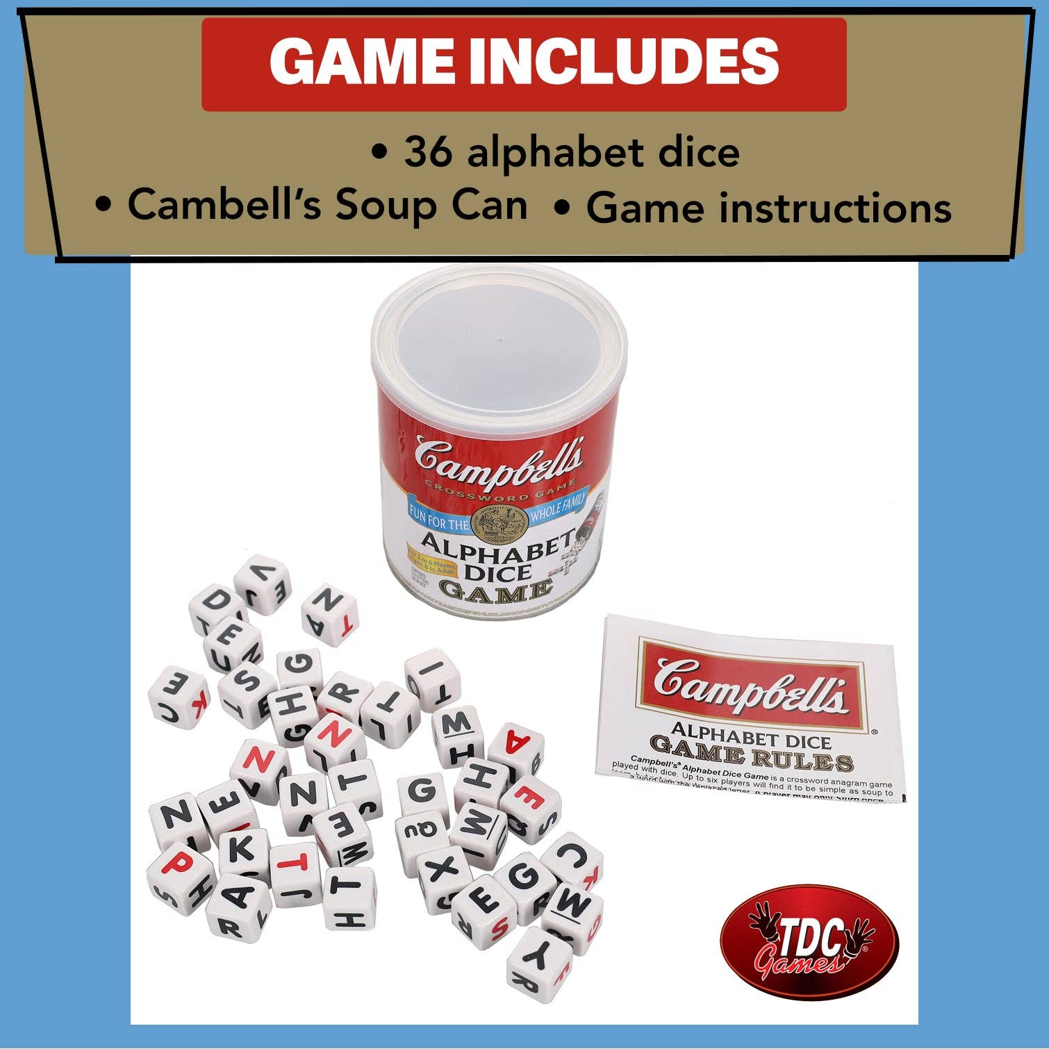 Campbell's Alphabet Dice Word Game with soup can packaging and dice