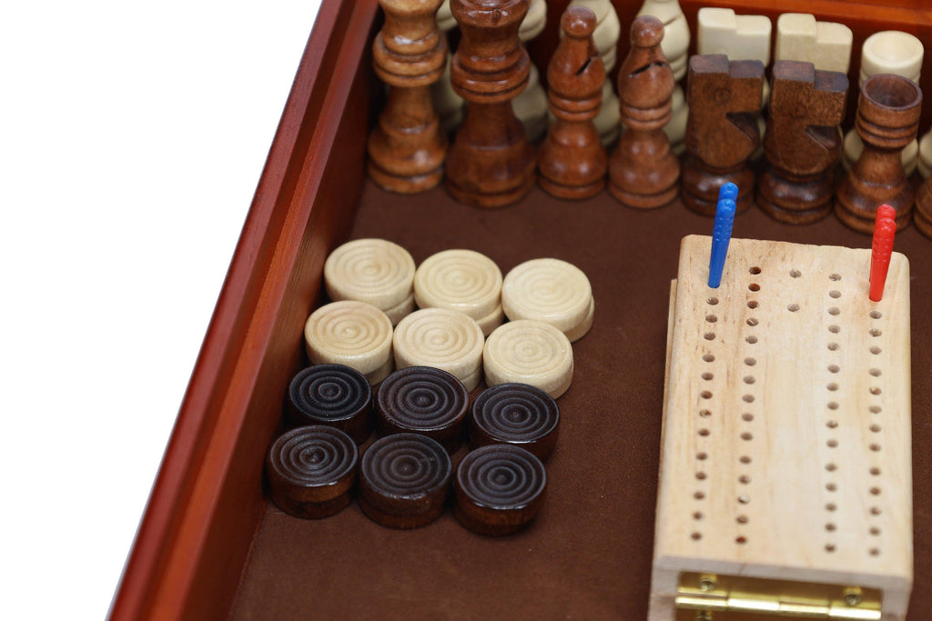 7-in-1 Combination Wood Game Set with walnut board and multiple game pieces