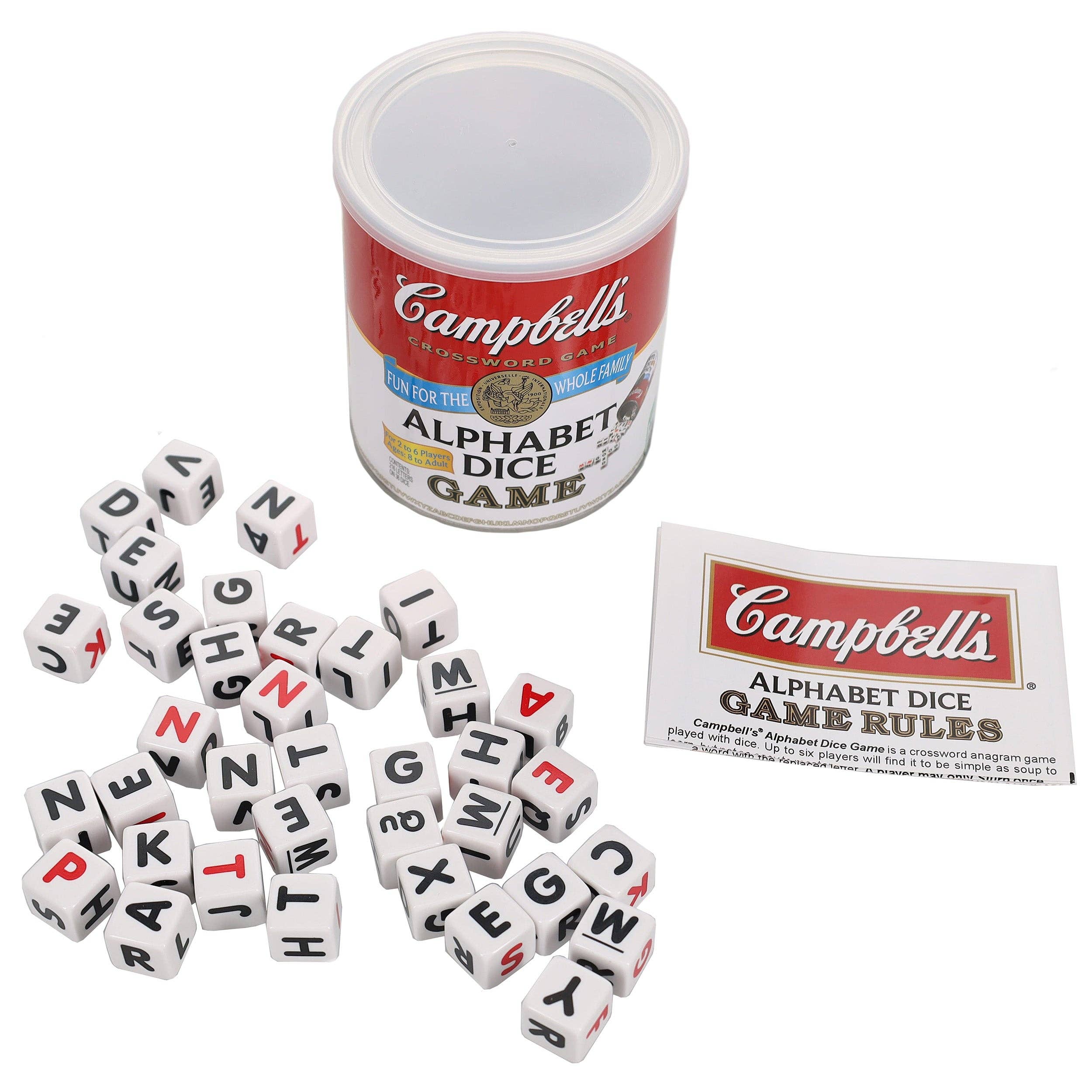 Campbell's Alphabet Dice Word Game with soup can packaging and dice