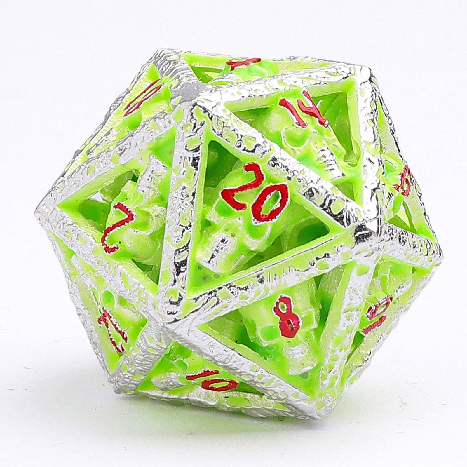 Skull's Grin Hollow Metal Dice Set - Glow in the Dark Green