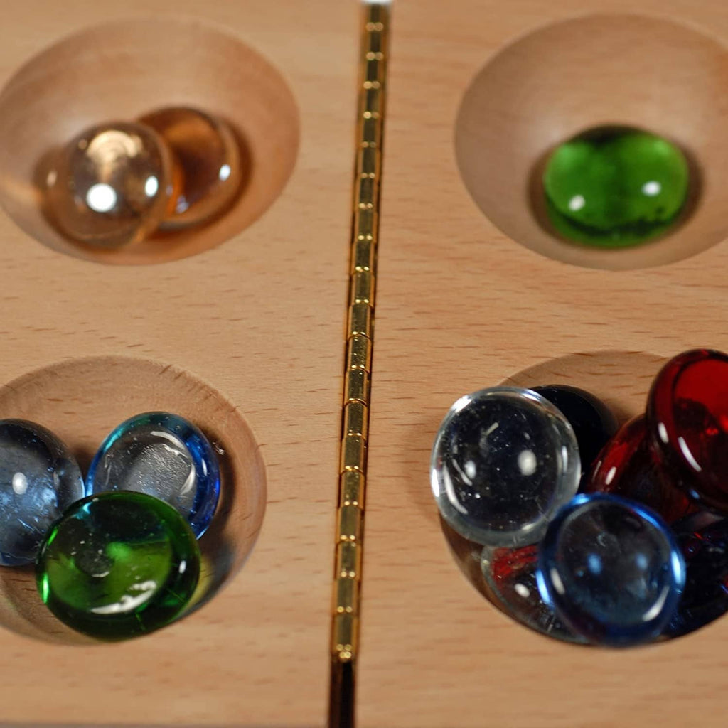 Solid wood folding Mancala board with multi-colored glass stones, 18 inches