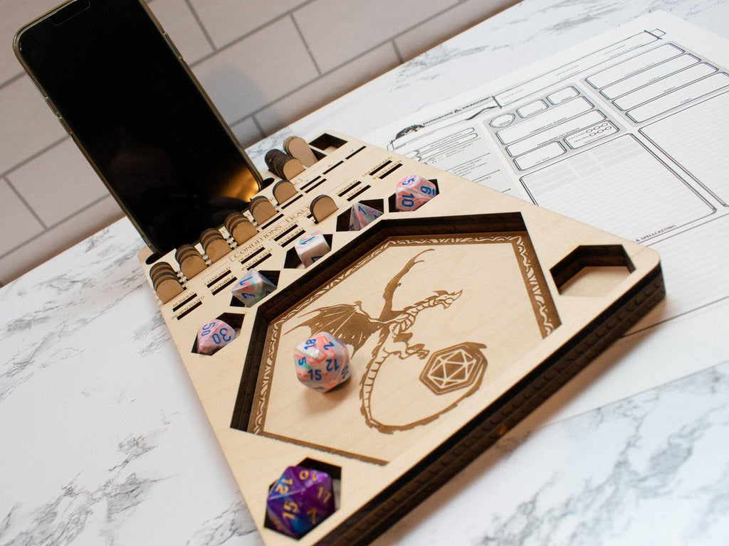 Player's Tray: DnD Dice Tray, Spell Slot Tracker, Conditions Tracker, Phone Holder, and Dice Holder
