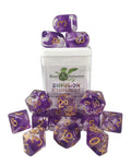 Purple dice with gold numbers in front of a white container labeled 'Roll Initiative Diffusion Chancery'.