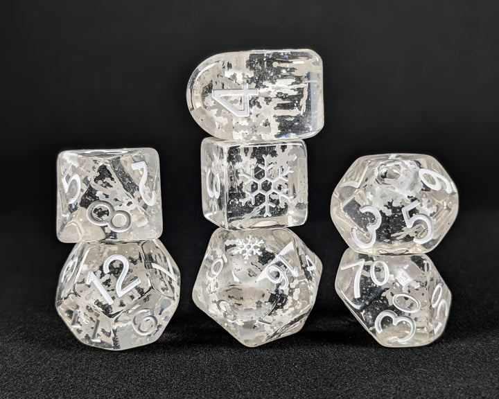 Diffusion Holi-Dice - Falling Snow - Set of 7 Dice w/ symbols on d6 & d20