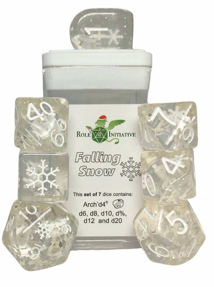 Diffusion Holi-Dice - Falling Snow - Set of 7 Dice w/ symbols on d6 & d20