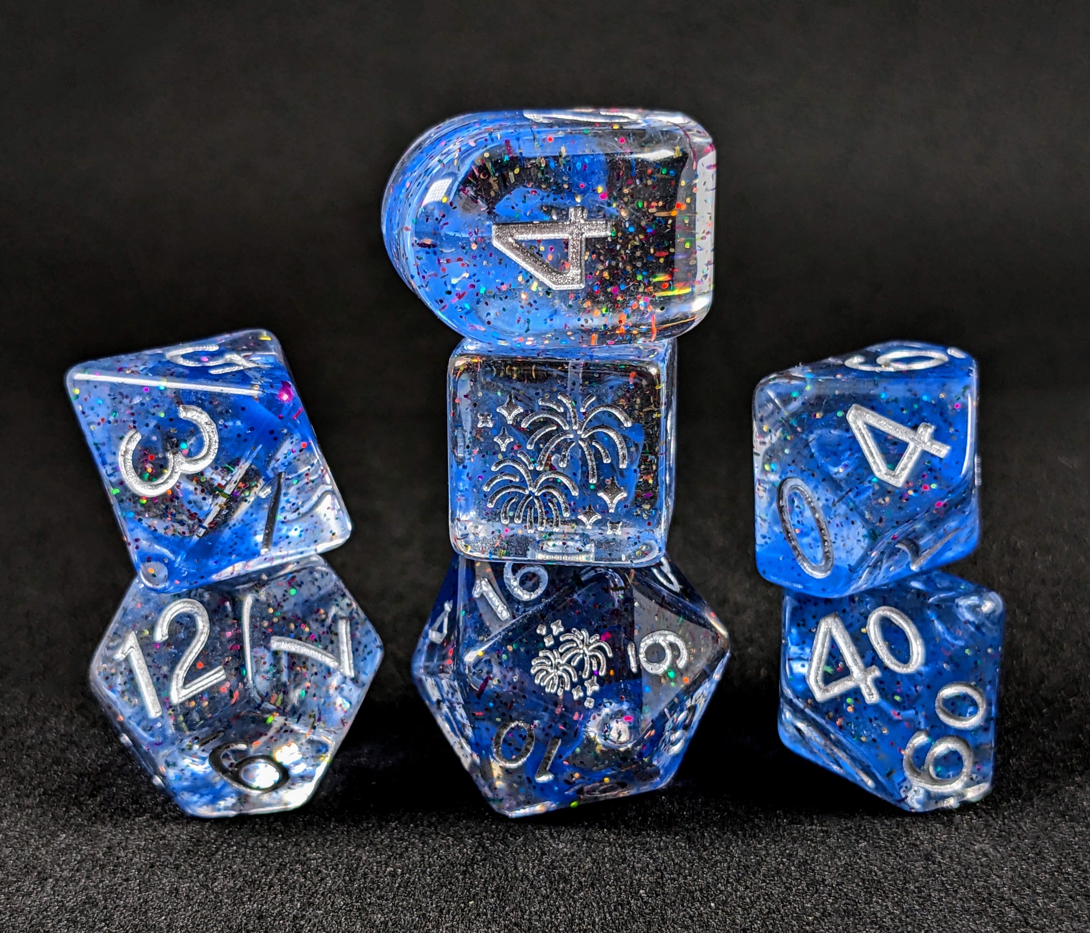 Holidice Collection - Diffusion Shiny New Year -  Set of 7 Dice w/ symbols on d6 & d20