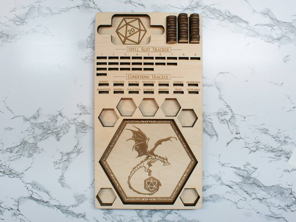 Player's Tray: DnD Dice Tray, Spell Slot Tracker, Conditions Tracker, Phone Holder, and Dice Holder