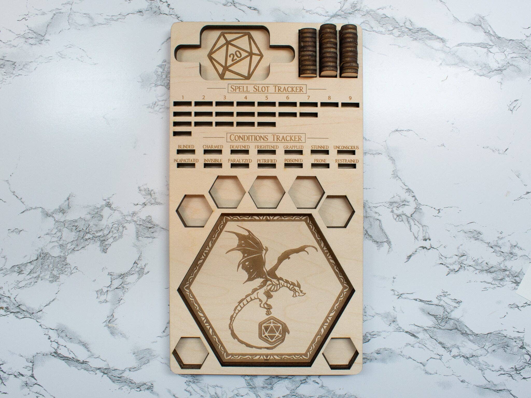 Player's Tray: DnD Dice Tray, Spell Slot Tracker, Conditions Tracker, Phone Holder, and Dice Holder
