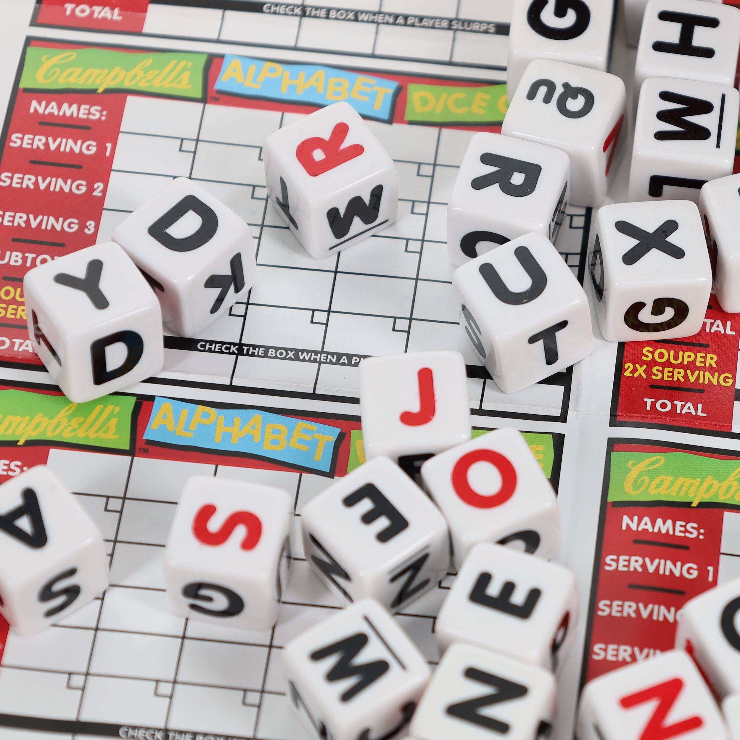 Campbell's Alphabet Dice Word Game with soup can packaging and dice