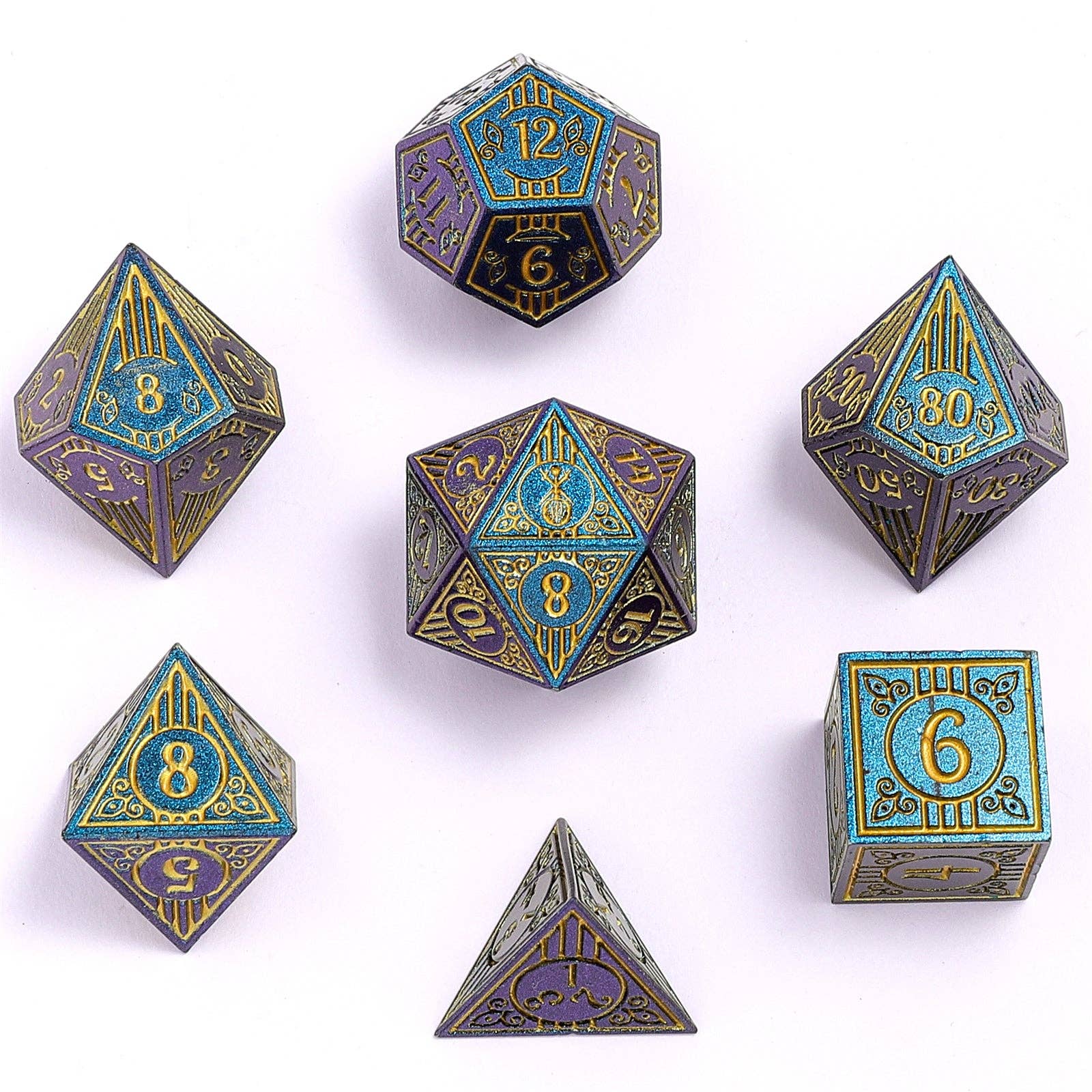 Solid Metal Bard RPG Dice Set - Glitter Blue w/Gold
