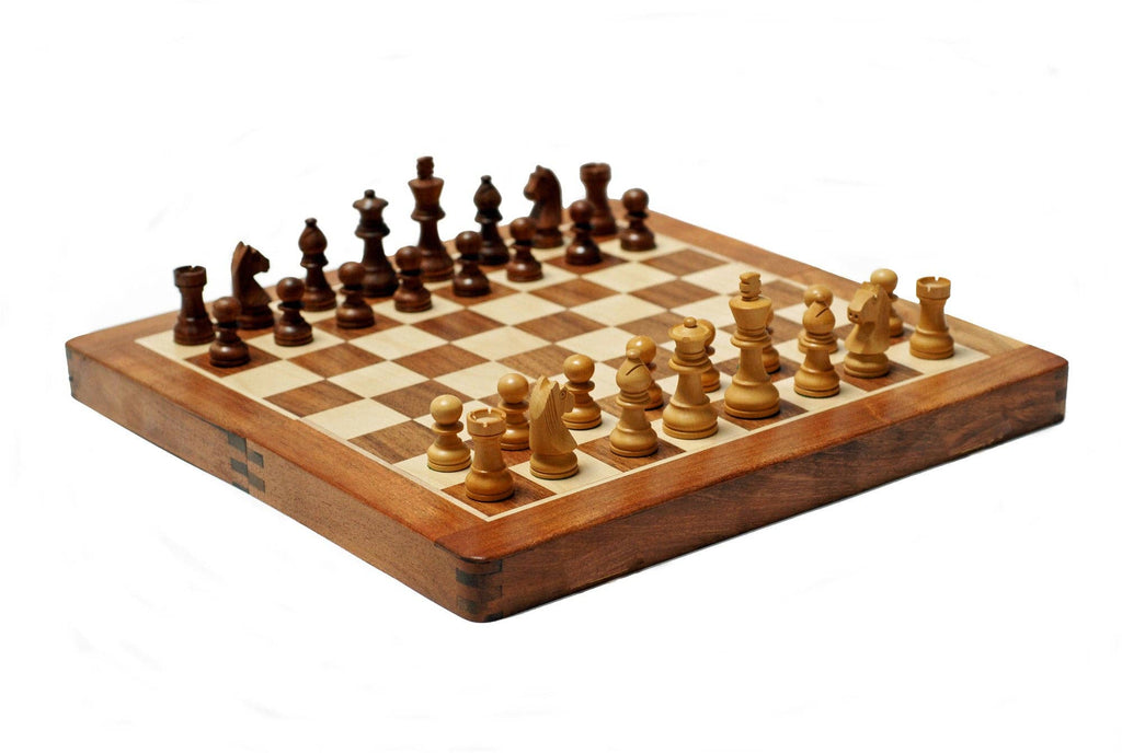 Travel magnetic wood folding chess set with 12 inch board and storage for pieces