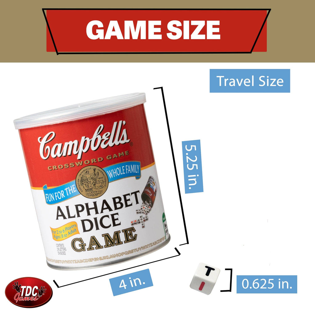Campbell's Alphabet Dice Word Game with soup can packaging and dice