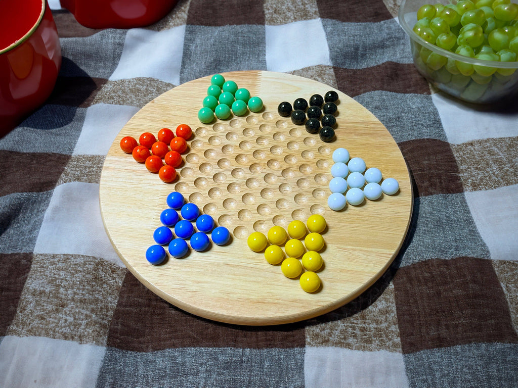 Wood Chinese Checkers set with 11.5 inch round board and 60 glass marbles