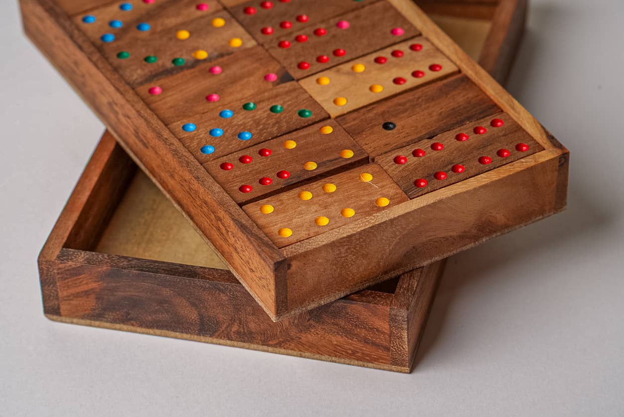 Classic mango wood dominoes game set handcrafted in Thailand