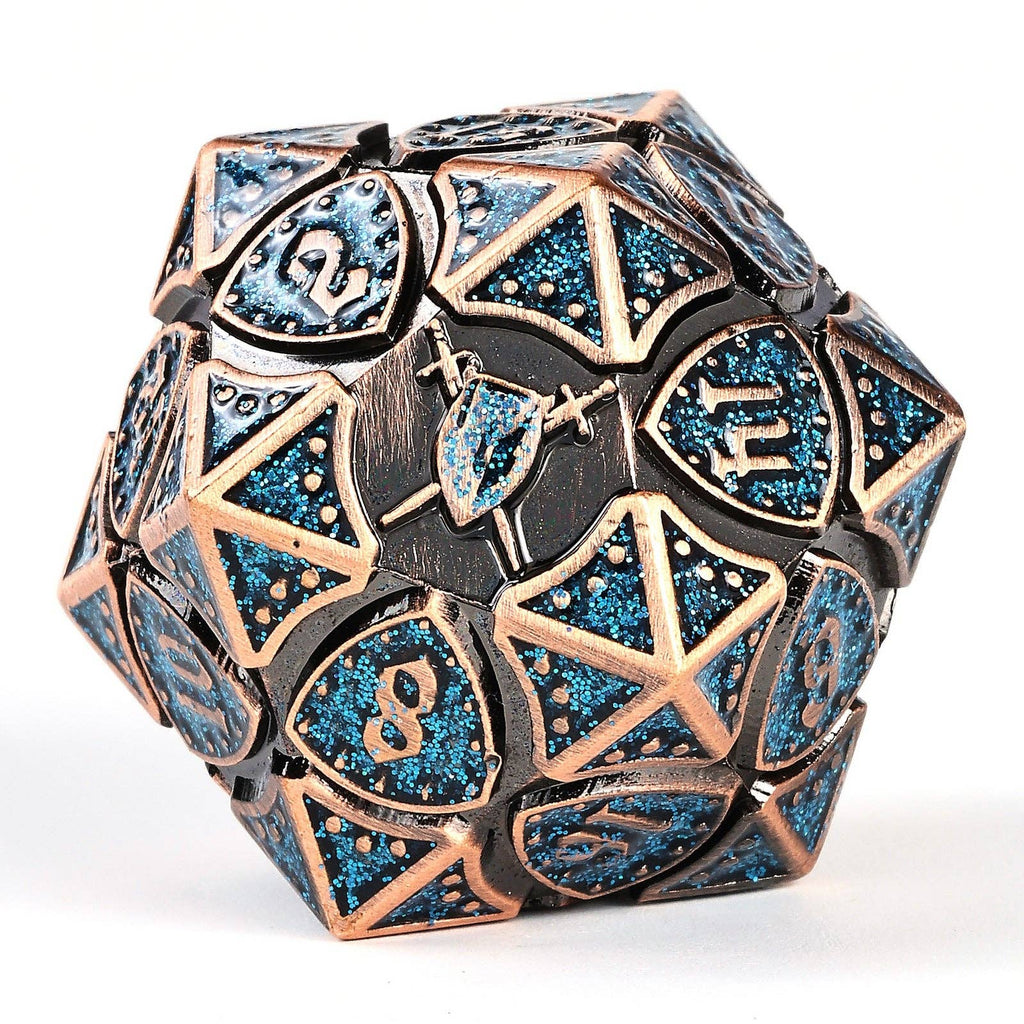 Solid Metal Fighter RPG Dice Set - Copper w/Blue Glitter