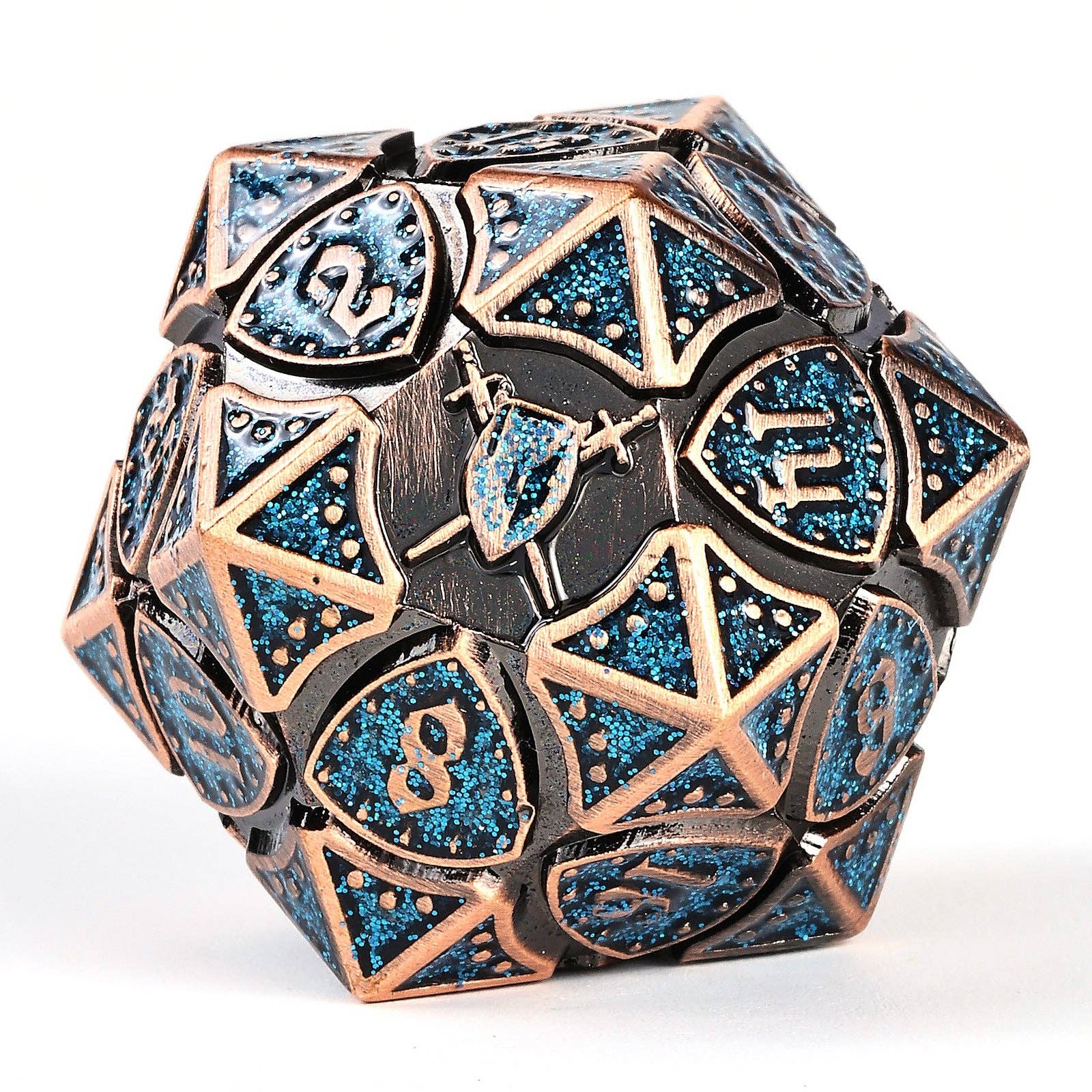 Solid Metal Fighter RPG Dice Set - Copper w/Blue Glitter