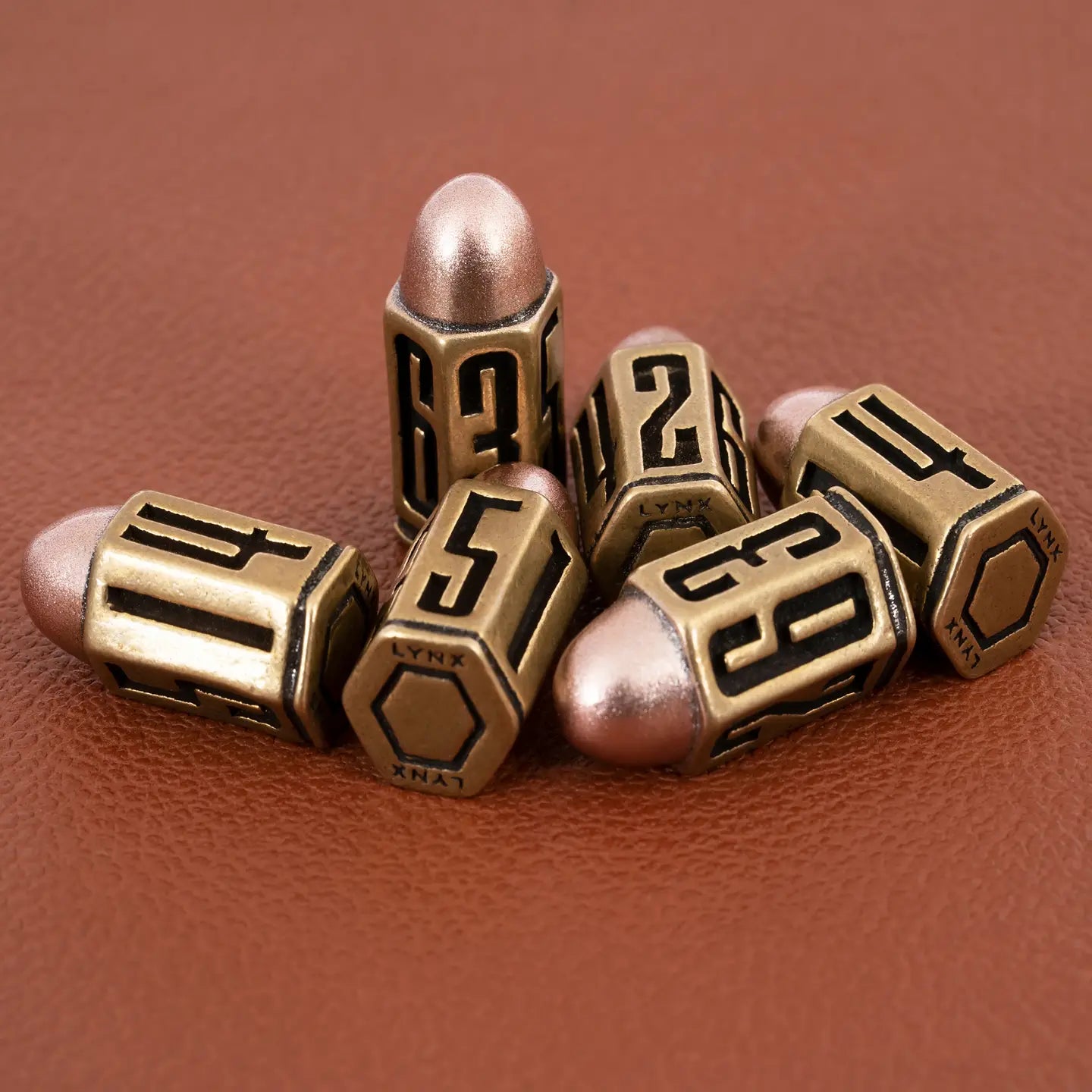 Six D6 Bullet Dice Set in Brass Metal
